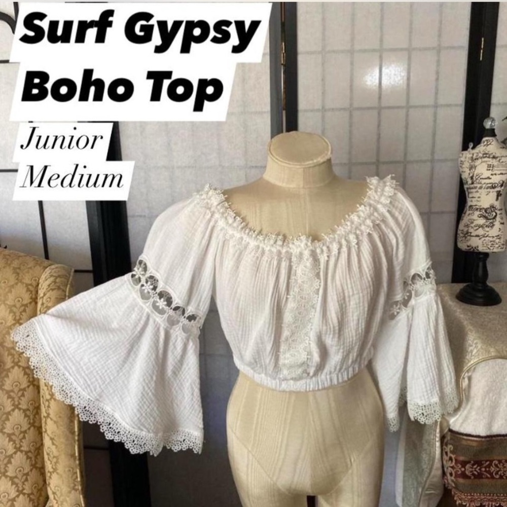 Surf Gypsy White Boho Ruffled Crop Blouse-Junior Women M